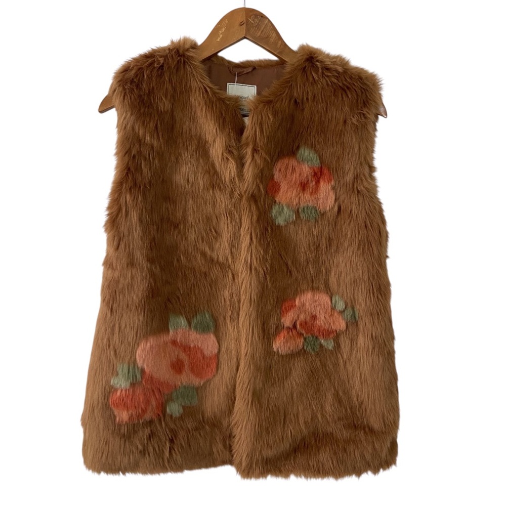 Mayoral Girls Oversized Brown Tan Furry Fuzzy Floral Vest Cowgirl Boho 12 NWT
